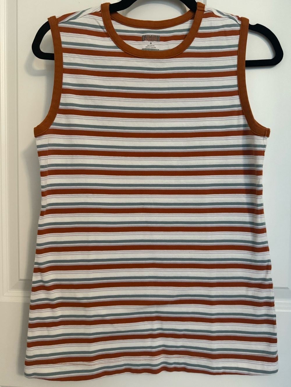 Duluth Trading Co Ribbed Stripe Tank Top Rust Blue White Cotton Small